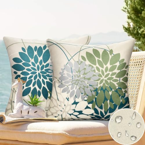 DecorMommt Kissenbezug Blau Und Grün 40x40cm Wasserdicht Kissenhüllen Outdoor Sofakissen Dahlie Geometrie Kissen Wasserfest Modern Leinen Dekorativ Kissenbezüge für Auto Bed Büro Garten Wohnzimmer