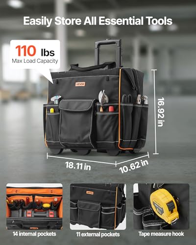 Image of VEVOR 18 inch Rolling Tool Bag, 110lbs Load Capacity, 25Pockets Heavy Duty Roller Tool Bag w /Adjustable Telescoping Handle & Stable Base, Toolbag Organizers with Wheels for Electrician, Construction