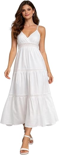 Nock Regular Women's White Maxi Dress, V-Neck Spaghetti Strap, Tiered A-Line with Lace Trim Detail, Whide,Summer Boho Style