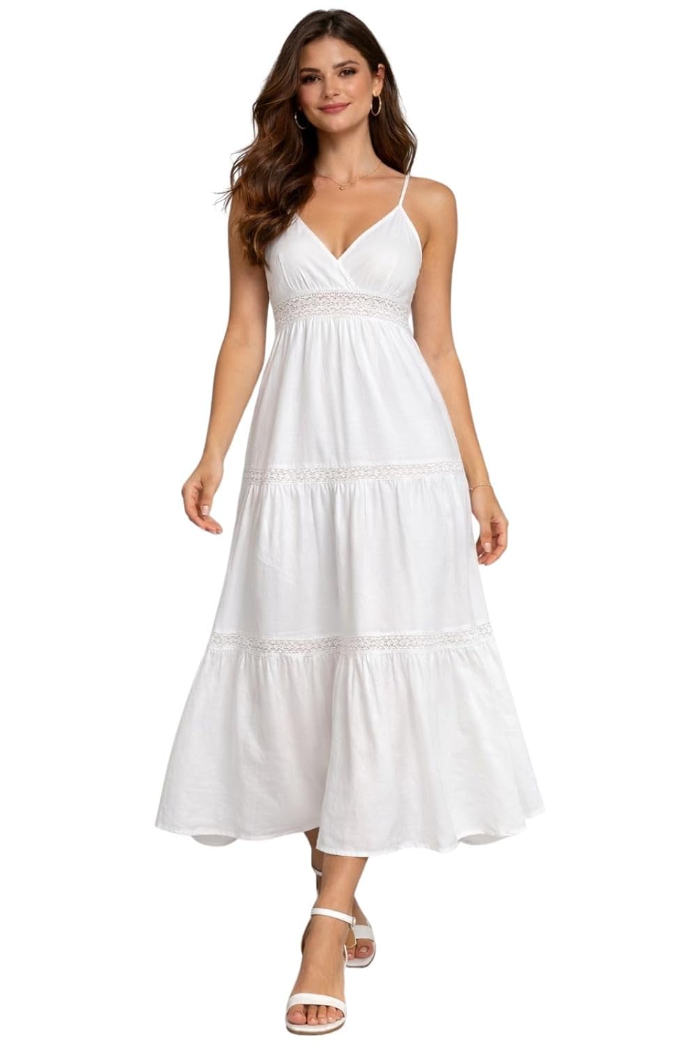 Nock Regular Women's White Maxi Dress, V-Neck Spaghetti Strap, Tiered A-Line with Lace Trim Detail, Whide,Summer Boho Style