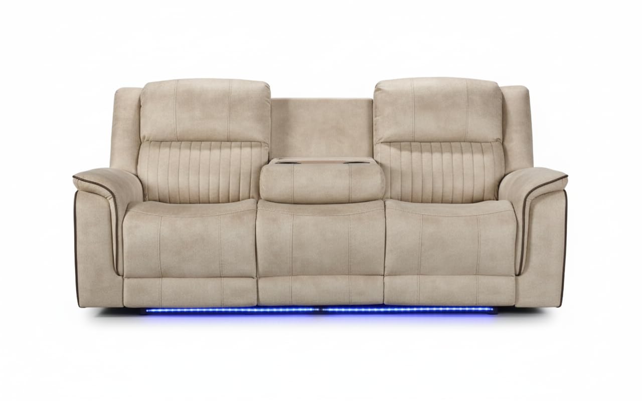 Geneva Pro Fabric Electric Recliner Sofa 3+2 Seater Set - 3+2 Seater Sofa With Bluetooth/Cooling Cup-Holders/LED Lights/Wireless Charging/USB Charging Ports (Beige, 3 Seater)