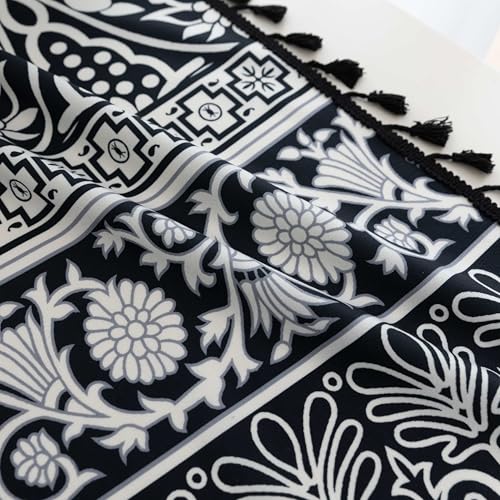 Image of Black Damask Curtains 96 Inches Long, Boho Farmhouse Light Filtering Rod Pocket Drapes with Tassel Trim for Bedroom Living Room, 2 Panels