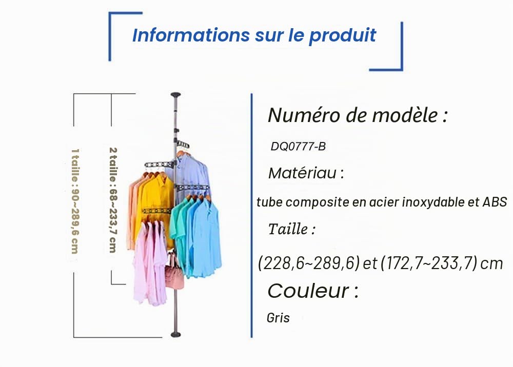 BAOYOUNI Porte-Manteau Téléscopique Séchoir à Linge en Métal et Plastique Étendoir Pliable avec 4 Bras et Crochets, Réglable en Hauteur 175-235 cm ou 230-290 cm, pour Salon, Chambre, Bureau, Gris