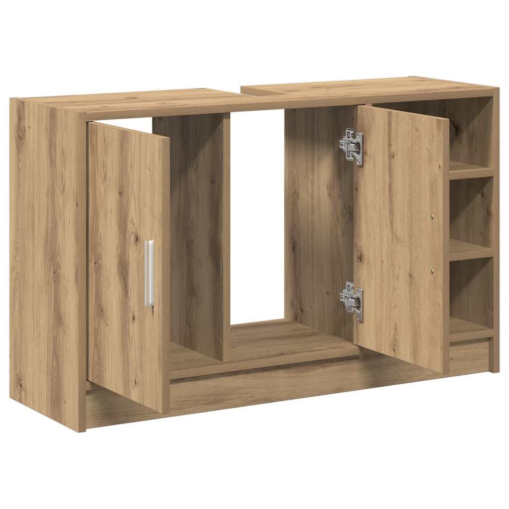 Meuble de Salle de Bain en Bois d'ingénierie Chêne Artisanal 90 x 29 x 55 cm avec Rangement, Portes suspendues, poignées en Argent pour Salle de Bain Moderne et Pratique
