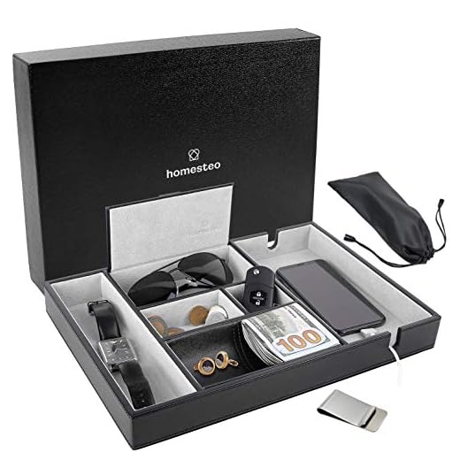 Homesteo Valet Tray | 6 Compartments | Bedroom Organizer with Charging Station | Perfect for Men and Women | Black PU Leather | Decorative Gift Box | Money Clip Free | Gray