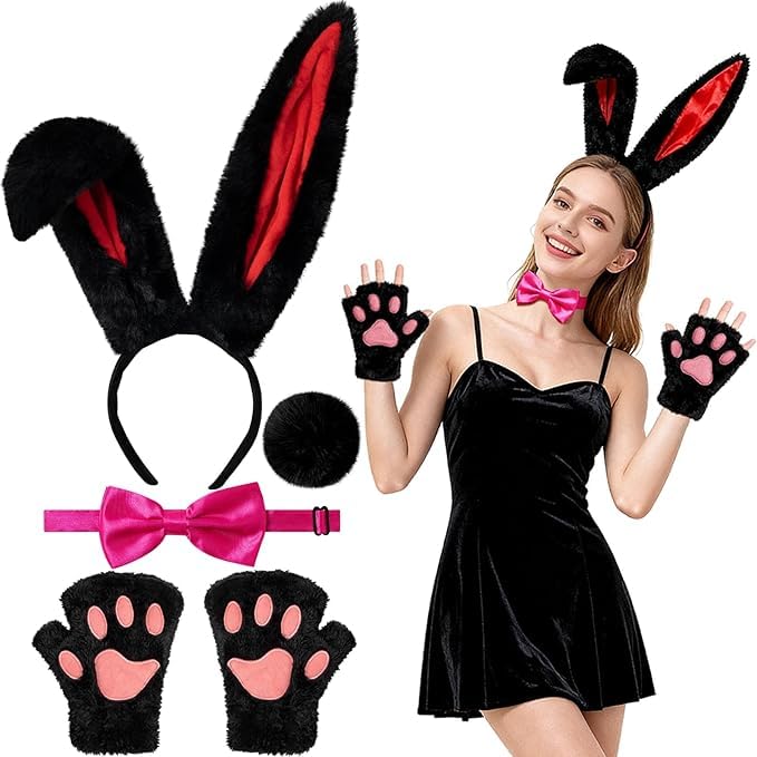 5Pcs Pink Bunny Costume Set for Women, Rabbit Costume Accessories, Bunny Outfit for Easter, Halloween Theme Parties Fancy Dress Up, Animal Cosplay Rabbit Ear Headband Fluffy Tail Glaw Gloves Bow Tie