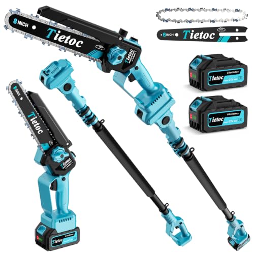 Image of TIETOC 2-in-1 Brushless Pole Saw for Tree Trimming - 8 /6 inch Mini Electric Chainsaw with 2x4000mAh Batteries, Auto Oiling, Tool-Free Adjustment,Cordless Battery Powered Saw for Home Garden Branch Cutting
