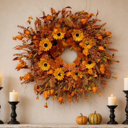 24 Inch Fall Wreath for Front Door, Artificial Autumn Harvest Door Wreath - image 6