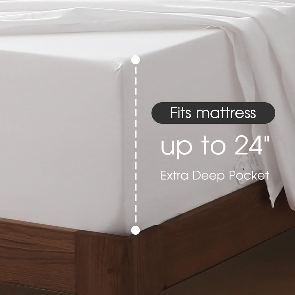 HYPREST Extra Deep Pocket King Sheet Sets Fits 18"-24" in Deep Mattress -100% Cotton King Sheet Set,White Hotel Luxury Soft Wrinkle Free Cooling Sheet Sets for King Bed Deep Pocket - Image 3