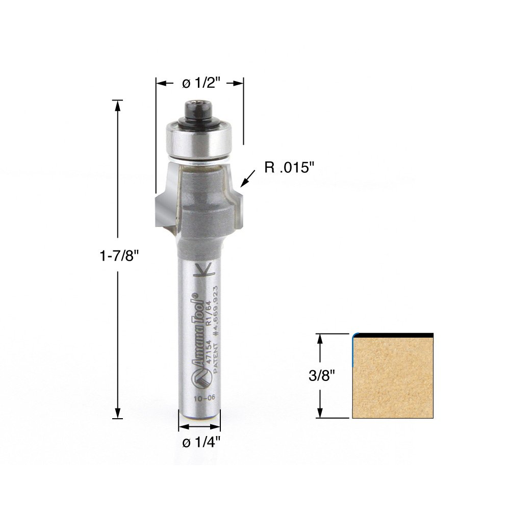 Amana Tool - 47154 Carbide Tipped No-File Trim .015 Radius x 1/2 Dia x 3/8 x 1/4" Shan