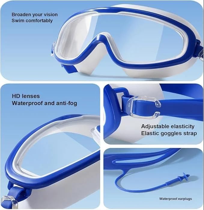 Image of Arviz Anti-Fog Swimming Goggles for Men & Women, Wide-Angle Vision with Attached Earplug & Adjustable Strap, Big Frame Competition Professional Swim Goggles for Swimming Surfing & Training (Blue)