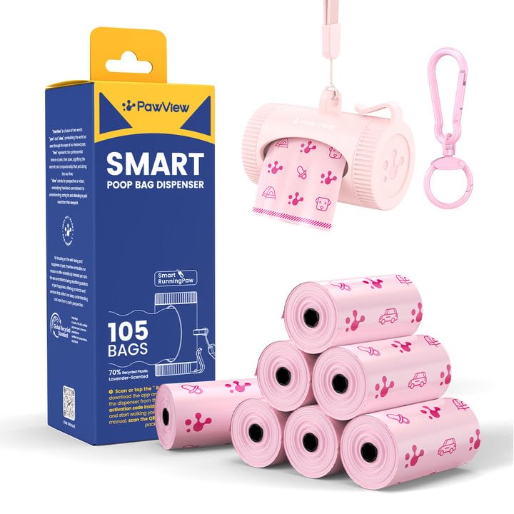 Image of Dog Poop Bags Rolls with Retractable Poop Bag Holder, Leak Proof and Extra Thick Lavender Pet Waste Bags, 70% Recycled GRS Certified, 1 Dispenser and 105 Bags for Doggy Walking & Cat Litter
