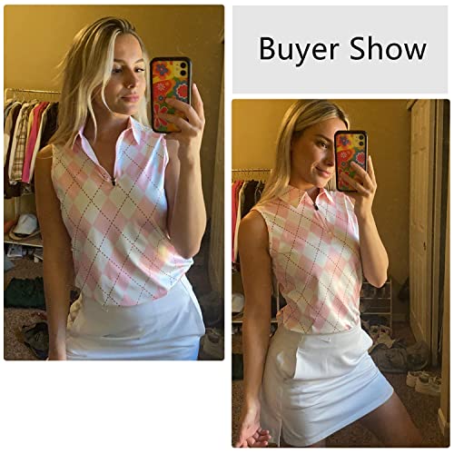 Women's Argyle Golf Shirt Sleeveless Plaid Polo Golf Shirts Quick Dry 50+ Uv Protection (Pink Argyle, 2X-Large) #TOP1