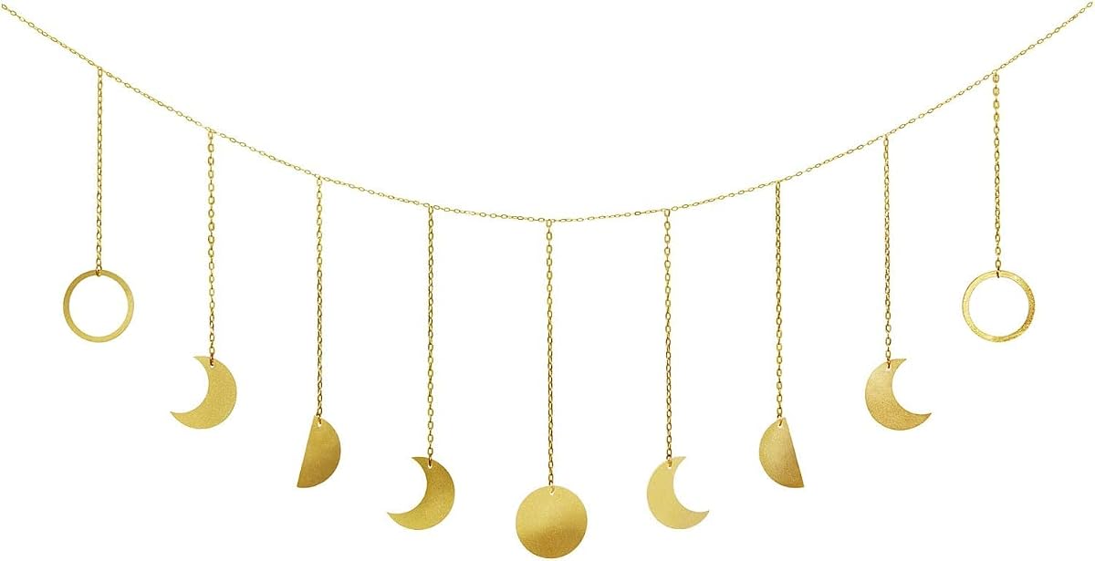 Moon Phase Wall Decor, Boho Metal Celestial Decoration, Gold 50" L | Horizontal Wall Art, Bohemian Hanging Garland, Bedroom Nursery Living Room Dorm Apartment, Christmas Birthday Teen Girl Gift