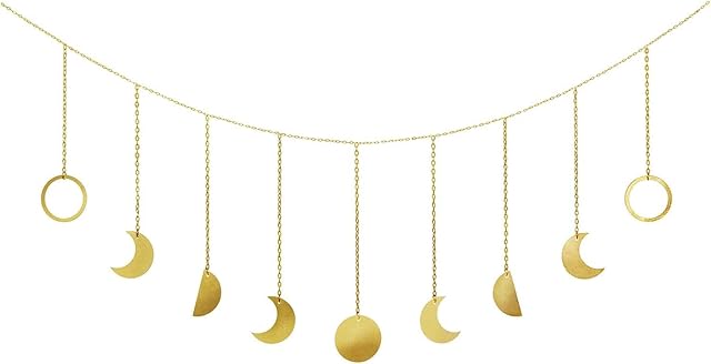 Mkouo Moon Phase Garland Boho Decor Wall Hanging Ornaments Wall Art Room Decor for Bedroom, Living Room, Home or Office, Gold, 130cm