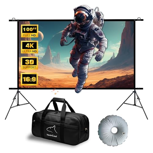 Image of VenirCool TS1018C Projector Screen with Stand, Portable Outdoor Movie Screen - 100 Inch Projection Screen for Backyard/Indoor Movie