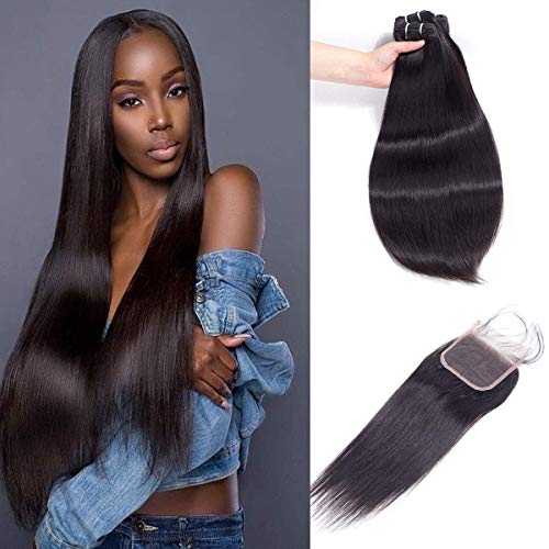Hensucess Brazilian Straight Hair With Closure 9A Grade Straight Bundles Human Hair 3 Bundles With Closure Free Part Natural Color (20'' 22'' 24''+20)