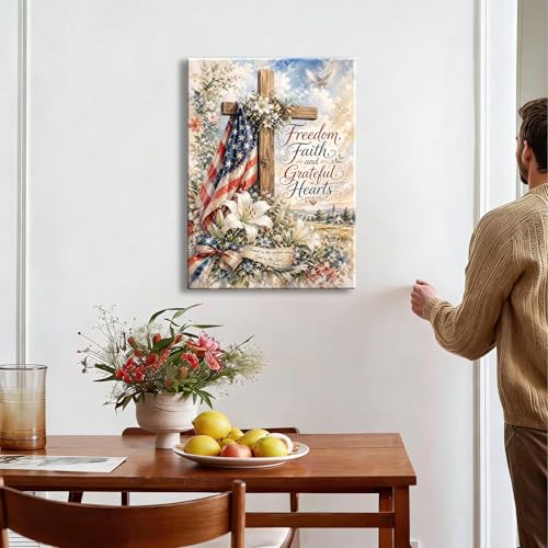 Image of RIBNTAK 4th of July Wall Art Canvas Prints Pictures Patriotic Christian Artwork American Flag Cross Decor Faith Freedom Religious Canvas Art for Living Room Bedroom Office Farmhouse Home Decorations