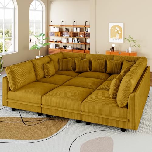 Image of LLappuil 137 inch Modular Sectional Sofa with Storage, U Shaped 9-Seat Pet-Friendly Corduroy Couch with 9 Throw Pillows, Convertible Sofa Set for Living Room, Scratch Resistant, Yellow