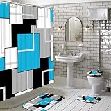 KINUUIS 4Pcs Sky Blue Bathroom Shower Curtain Set, Squares Minimalist Shower Curtain Set, Grey Black