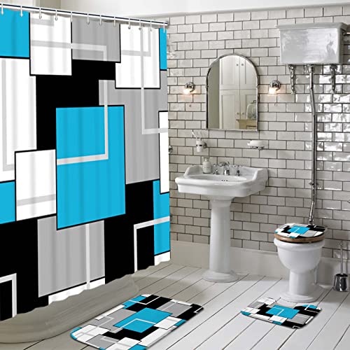 Kinuuis 4Pcs Sky Blue Bathroom Shower Curtain Set, Squares Minimalist Shower Curtain Set, Grey Black Bathroom Set With Shower Curtain And Rugs(Bath Mat,U Shape And Toilet Lid Cover Mat) #TOP6