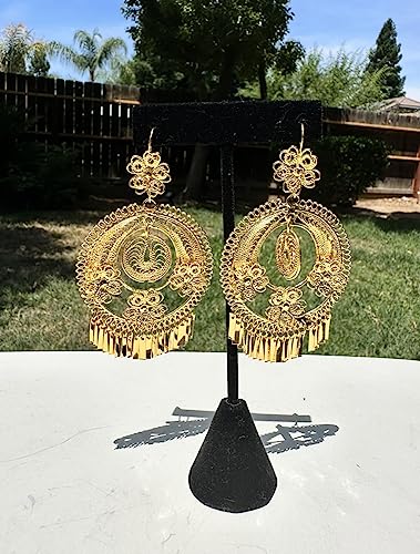 Folklorico Dance Earrings - Traditional Mexican Gold Filigree Design, 3-Flowers, Day of the Dead4