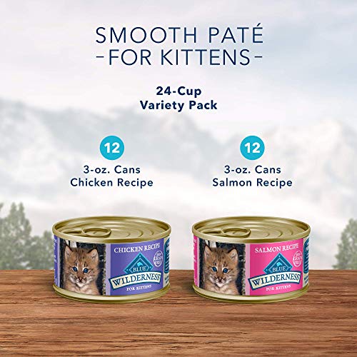 Image of Blue Buffalo Wilderness High Protein Grain Free, Natural Kitten Pate Wet Cat Food Variety Pack, Chicken, Salmon, 3-oz Can, 24 Count