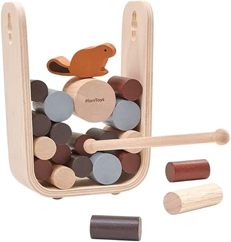 PlanToys Timber Tumble - Juguete de Motricidad con Castor y Troncos - Juguete de Madera a Partir de 3 Años - Juego de Ensamble para 1-4 Jugadores