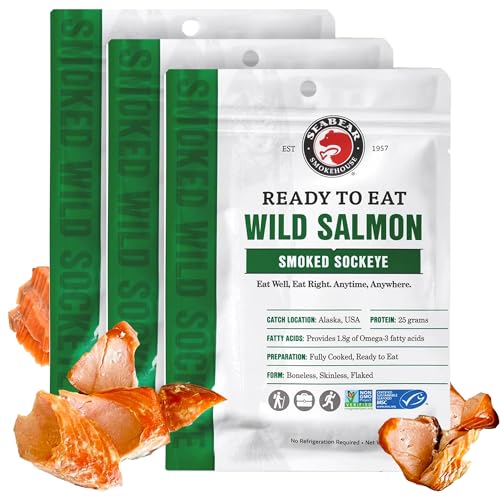SeaBear Ready to Eat Smoked Wild Sockeye Salmon 3-Pack Wild-Caught Salmon, Fully Cooked in Gold Seal Pouch, No Refrigeration Needed, Shelf-Stable Gourmet Meal or Snack, 3.5 oz (Pack of 3)