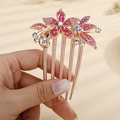 Jumwrit Wedding Crystal Hair Comb Colorful Rhinestone Flower Floral Hair Side Comb Rose Gold Leaf Hair Clip Comb Vintage Bride Bridesmaid Headpiece Bridal Hair Jewelry For Women Girls(Pink) #TOP4