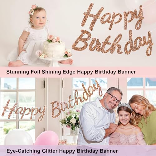 Image of Rozi Decoration Rose Gold Glitter Happy Birthday Banner -Cursive Letter Garland for Party Decoration, Reusable Shiny Cardstock Hanging Banner for Girls, Women, Adults, Kids (Pack of 1 Set)