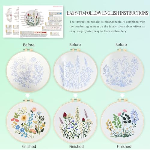 Image of naexuauu Adult Embroidery Kit for Beginners DIY Materials with 3 Bamboo Hoops and Pre-Printed Patterns with Step-by-Step Tutorials Suitable for Home Decoration