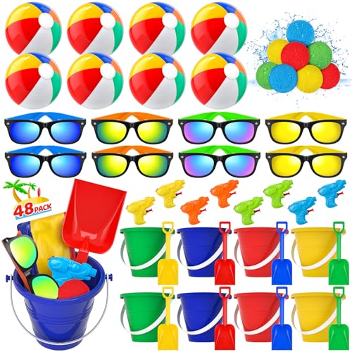 Pool Party Favors Beach Party Favors - 48 PCS Pool Toys For Kids Ages 3-8 Beach Balls Bulk, Sand Bucket and Shovels Set, Kids Sunglasses Bulk, Beach Summer Toys, Pool Party Supplies,Sand Toys by GiftInTheBox - Used condition - US$23.86