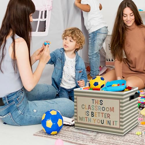 Image of Boho Classroom Storage Bins Box with Handles, This Classroom Is Better You in It Inspirational Striped Collapsible Basket Organizer for Kids Room Nursery Bedroom Books