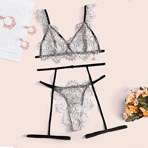 Atezch Women Lingerie Sets with Garter Belt 2 Piece Lace Teddy Babydoll Sexy Bodysuit Sexy Eyelash Floral Lace Suit (White, M)
