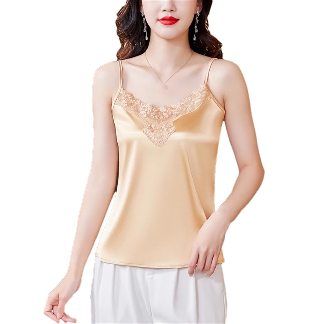 Camis senza maniche da donna in raso primavera estate patchwork pizzo con scollo a V