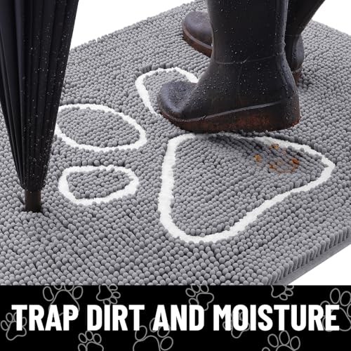 Image of Smiry Dog Door Mat for Muddy Paws, Absorbent Dirt Trapper Non Slip Quick Dry Washable Chenille Mat for Mud Dogs, Entry Rug for Indoor and Outdoor (36x24 Inches, Grey and White)