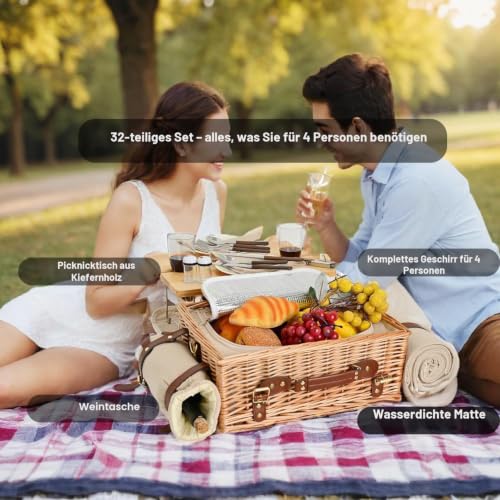 Multifunktionales Picknickkorb-Set aus Weidengeflecht für 4 Personen mit Decke und Picknicktisch, isoliertes Picknick-Set mit vollem Geschirr für Camping, Outdoor-Paare, Natur