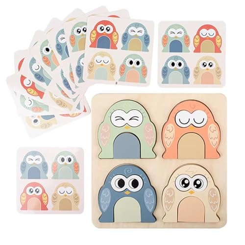 Image of Lefan Montessori Wooden 3D Cute Owl Face Changing Puzzle for Kids Emotional Expression Matching Game with 10 Double-Sided Question Cards Educational Wooden Toy for Preschool Boys Girls Ages 3-6