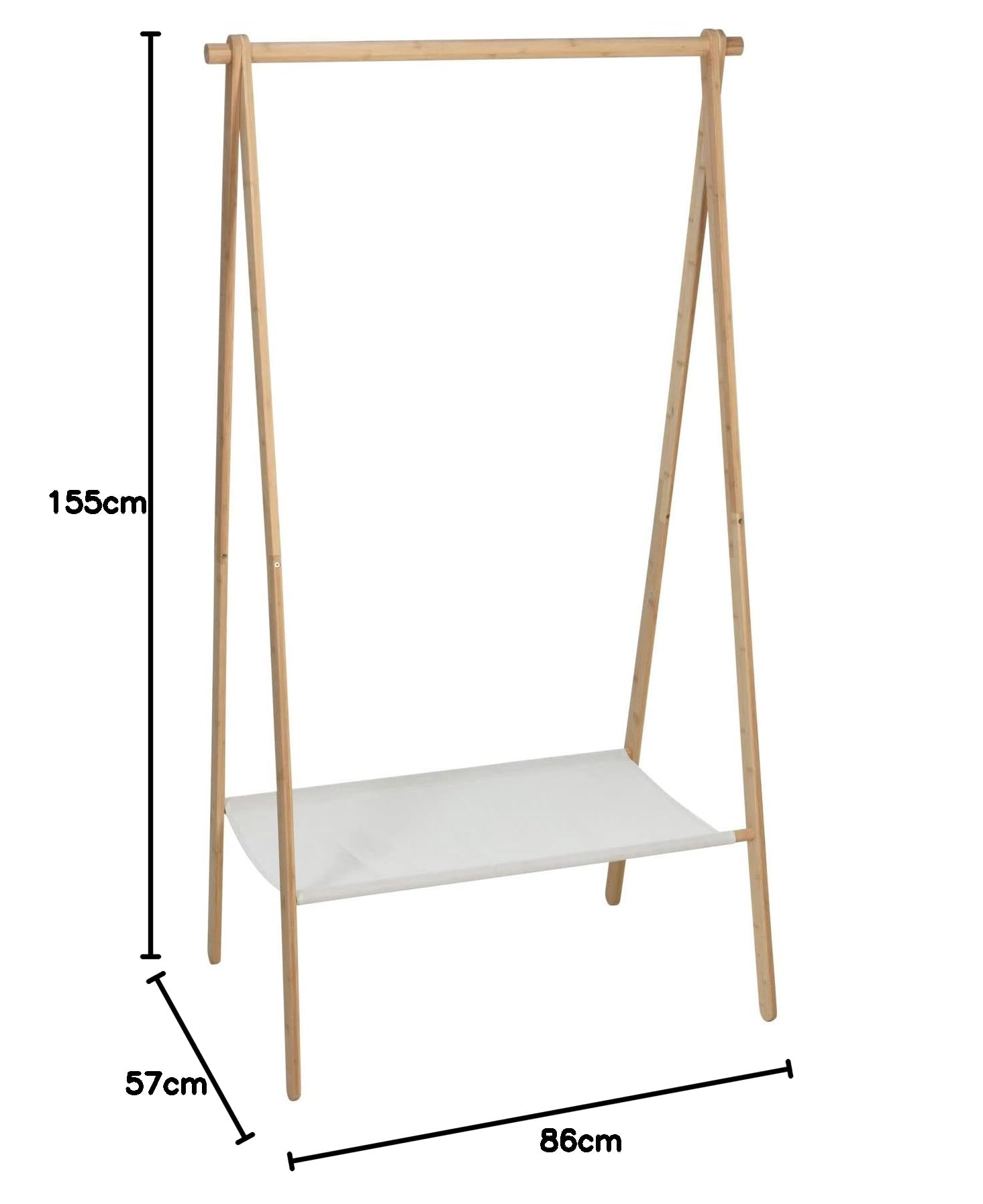 Spetebo Perchero de bambú con estante de tela – 155 x 86 cm – Perchero de pie de madera con barra para colgar ropa – Soporte de pie de madera de bambú plegable