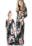 FLITAY Mommy and me Black White Flower Dress Boho Floral Print Dress Summer Beach Vintage Dress Floral Black Long Sleeve L