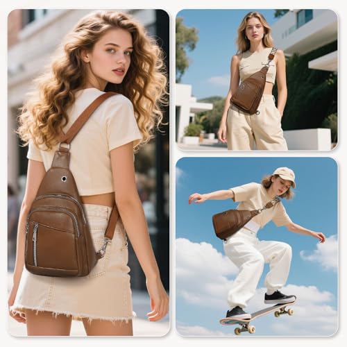 Anti Theft Sling Bag, 2 in 1 PU Leather 8.3" Convertible Crossbody Bags, Fanny Pack Backpack with 2 Removable Straps for Hiking Cycling Sport (Brown)2