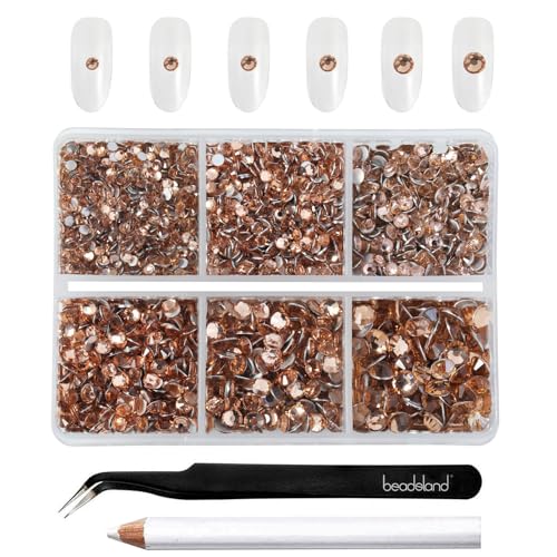 Image of Beadsland 4300pcs Flatback Rhinestones, Champagne Rhinestone Nail Gems Round Crystal Rhinestones for Crafts,Mixed 6 Sizes with Picking Tweezers and Wax Pencil Kit, SS6-SS20, Light Peach