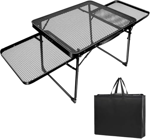 キャンプテーブル 折畳 メッシュ 焚き火テーブル 大きなスペース テーブル アウトドア BBQ 登山 バーベキュー 耐熱 軽量 サイド付き 超軽量材質 耐荷重40kg アルミ製 携帯便利 収納袋付き
