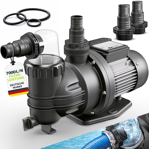 tillvex® Filterpumpe Pool 7.000L/h & 250W | Schwimmbadpumpe Förderhöhe max. 7,5m | Poolfilter Umwälzpumpe für 22m³ Pools | Poolpumpe selbstansaugend für Pools Aufstellpool Spa mit Vorfilter