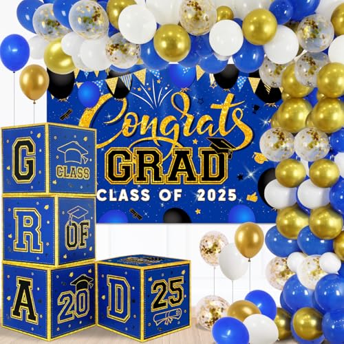 Image of Graduation Decorations Class of 2024 Blue and Gold Graduation Party Supplies Balloon Arch Kit Balloon Boxes Grad Banner for High School College Graduation Party Decor