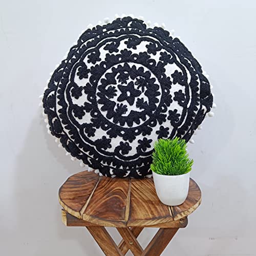 Trade Star Beautiful Handmade Round Suzani Pillow Case Embroidered Black And White Modern Sofa Cushion Cover Decorative Floor Pillow Sham With Pom Pom For Home Decor #TOP2