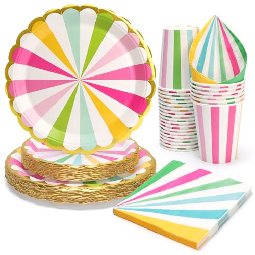 PARTY GO Louça descartável de circo para festas, 96 peças inclui pratos, copos e lenços, para festas de aniversário, férias, casamentos, decorações de graduação para 24 pessoas, multicolorido