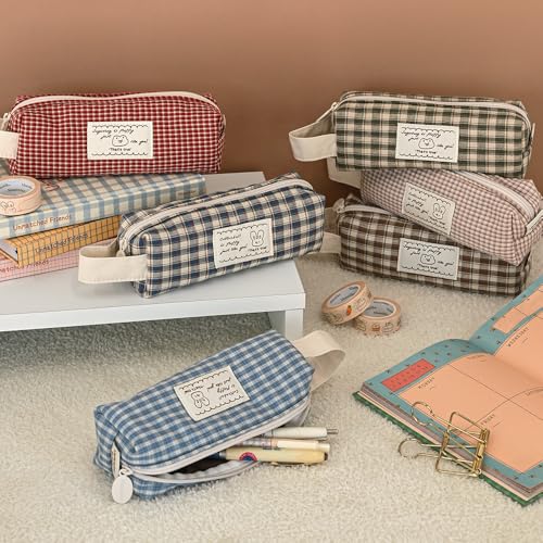 Image of Monolike Unmatched Friends Fabric Check Block Pencil Case, Vintage sky - Aesthetic Gingham Pastel Desk Organizer, Soft Padded Makeup Brush Case, Trendy Minimalist Stationery Pouch