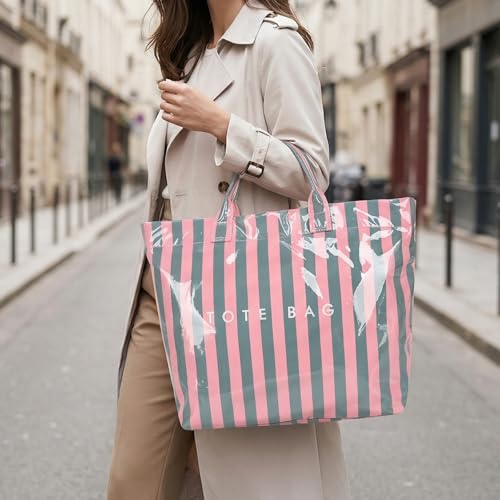 Image of Striped PVC Tote Bag for Women, Waterproof Plastic Hobo Handbag Summer Tote for Beach, Pool & Ideal Gift